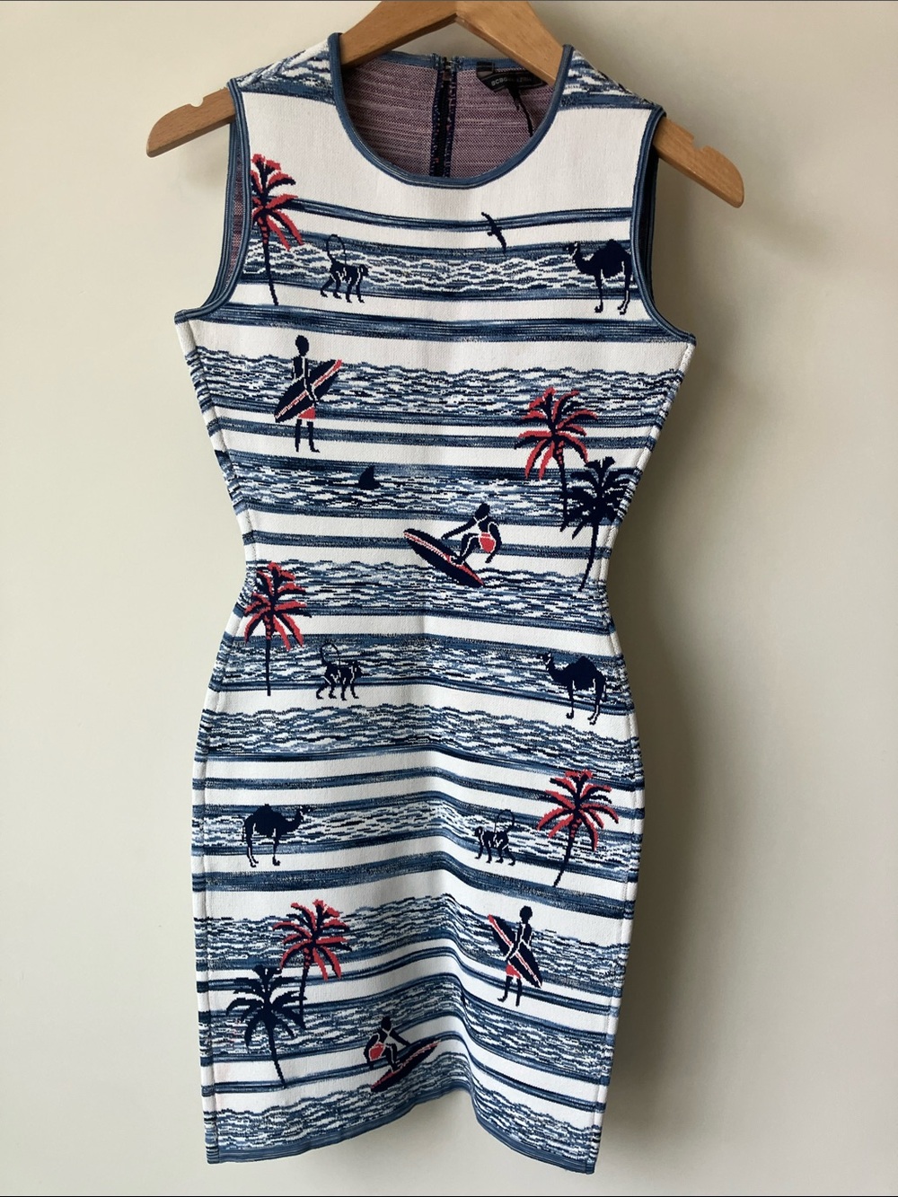 BCBG MaxAzria Bodycon Dress White w/ Navy + Coral Surfer/Palms Novelty Print XS